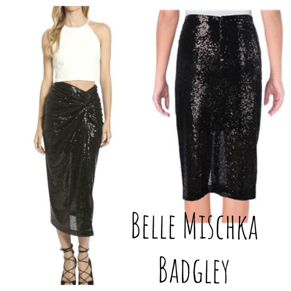 Badgley Mischka Black Sequin Midi Skirt